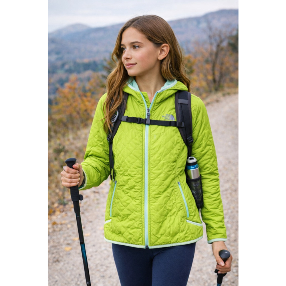 The North Face Girls Green Quilted Hooded Jacket Size XqL /14-16 Lightweight Zip
